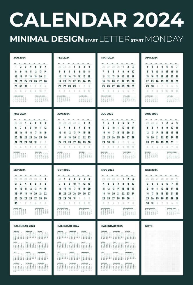 Modern monthly calendar and note for 2024, the week starts on Monday, calendar in the style of minimalist design, letter size. vector