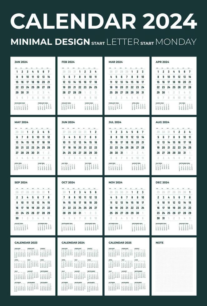 moderno mensual calendario y Nota para 2024, el semana empieza en lunes, calendario en el estilo de minimalista diseño, letra tamaño. vector