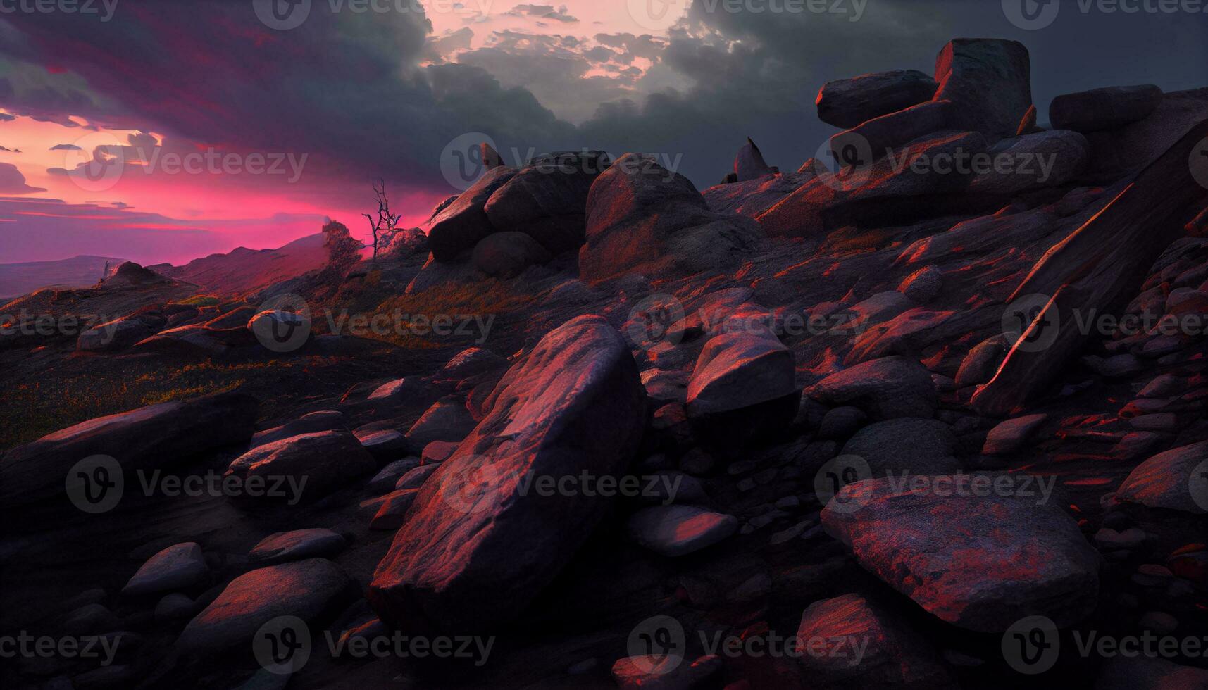 Generative AI, Layers of Light A Vibrant Mountain Range at Sunset photo