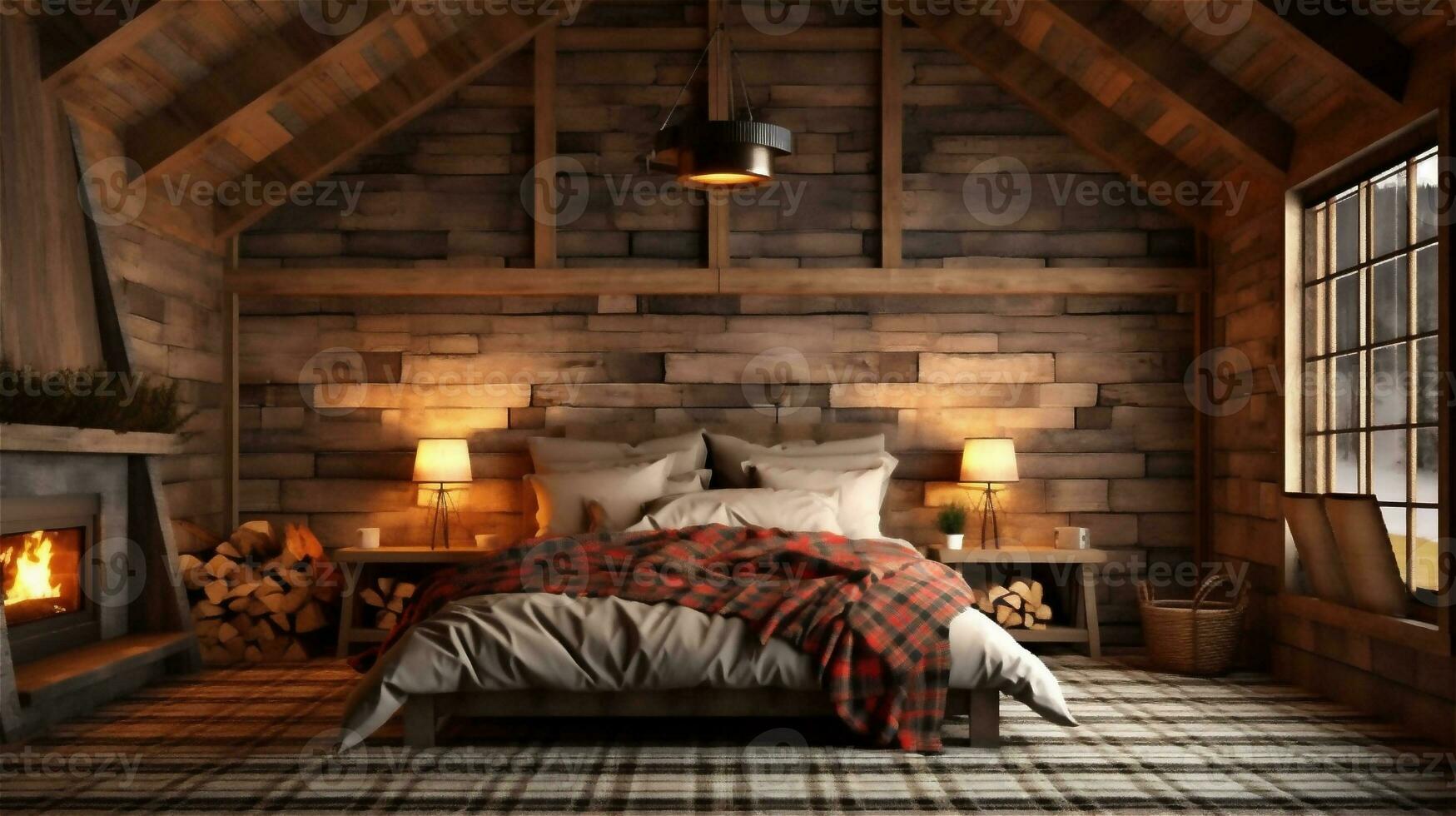 Generative AI, Cozy and Warm Rustic Bedroom with Stone Fireplace photo