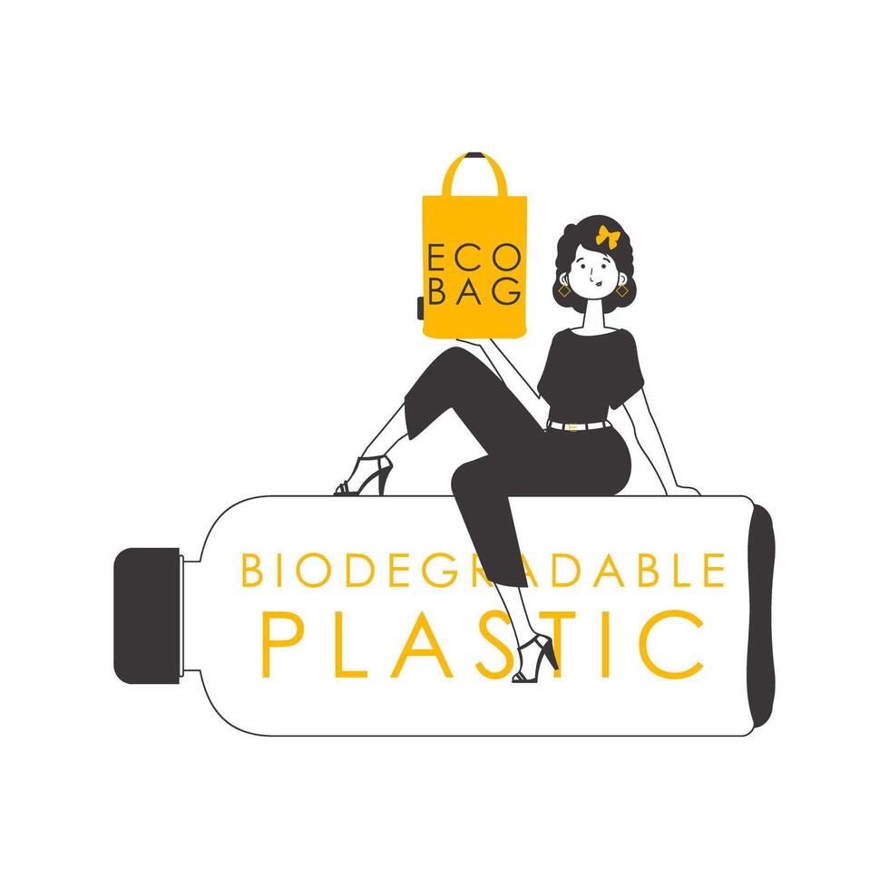 The girl is holding an eco-package in her hands. The concept of ecological bags and plastic. Linear modern style. Isolated on white background. Vector illustration.
