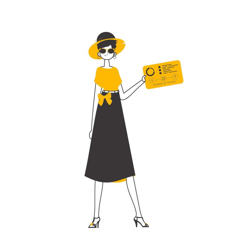 The girl is holding the IOT logo in her hands. Linear trendy style. Isolated on white background. Vector illustration.