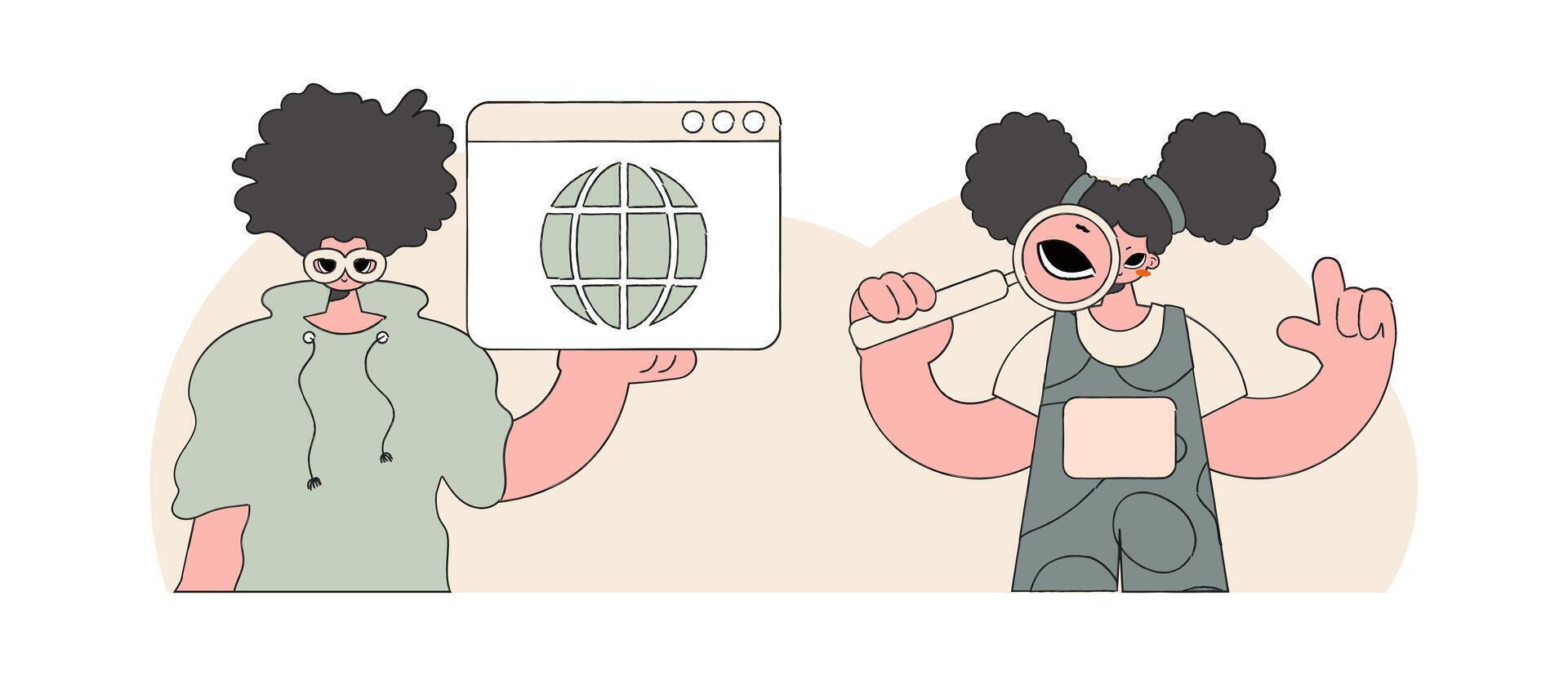 A bright and stylish illustration of a girl and a guy help to find information on the Internet. Bright trend character. vector