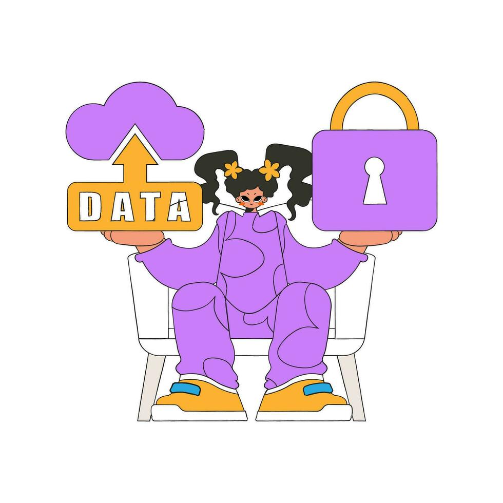 A female with a cloud storage system and a lock. vector