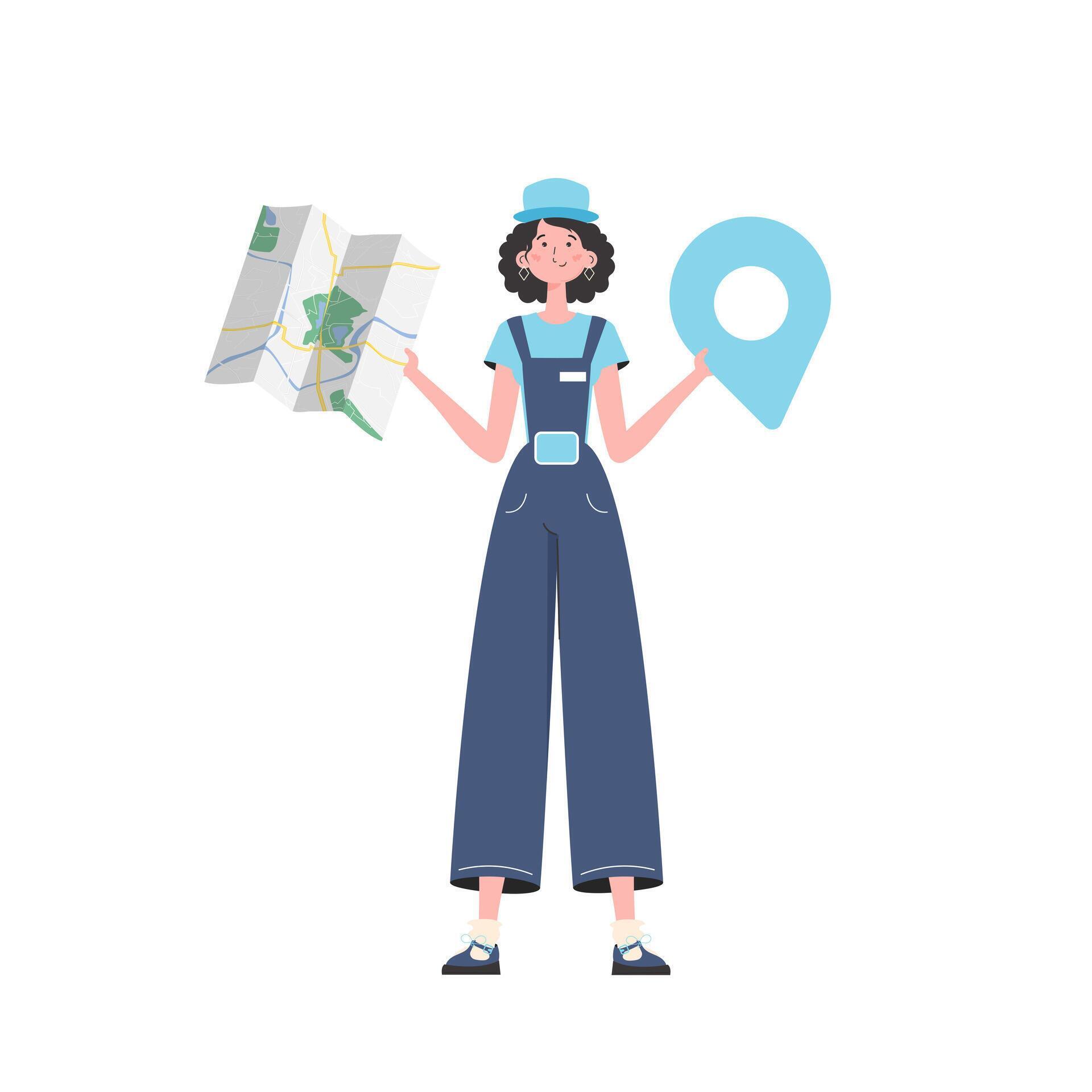 Girl water delivery operator holding a map. Stylish character is