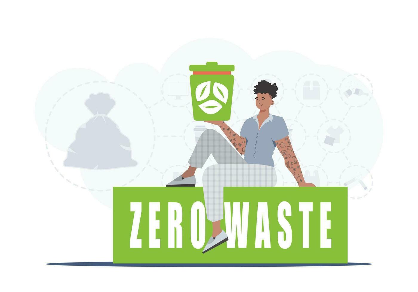 A man sits and holds an urn in his hands. The concept of ecology and recycling. Trendy character style. Vetcor. vector