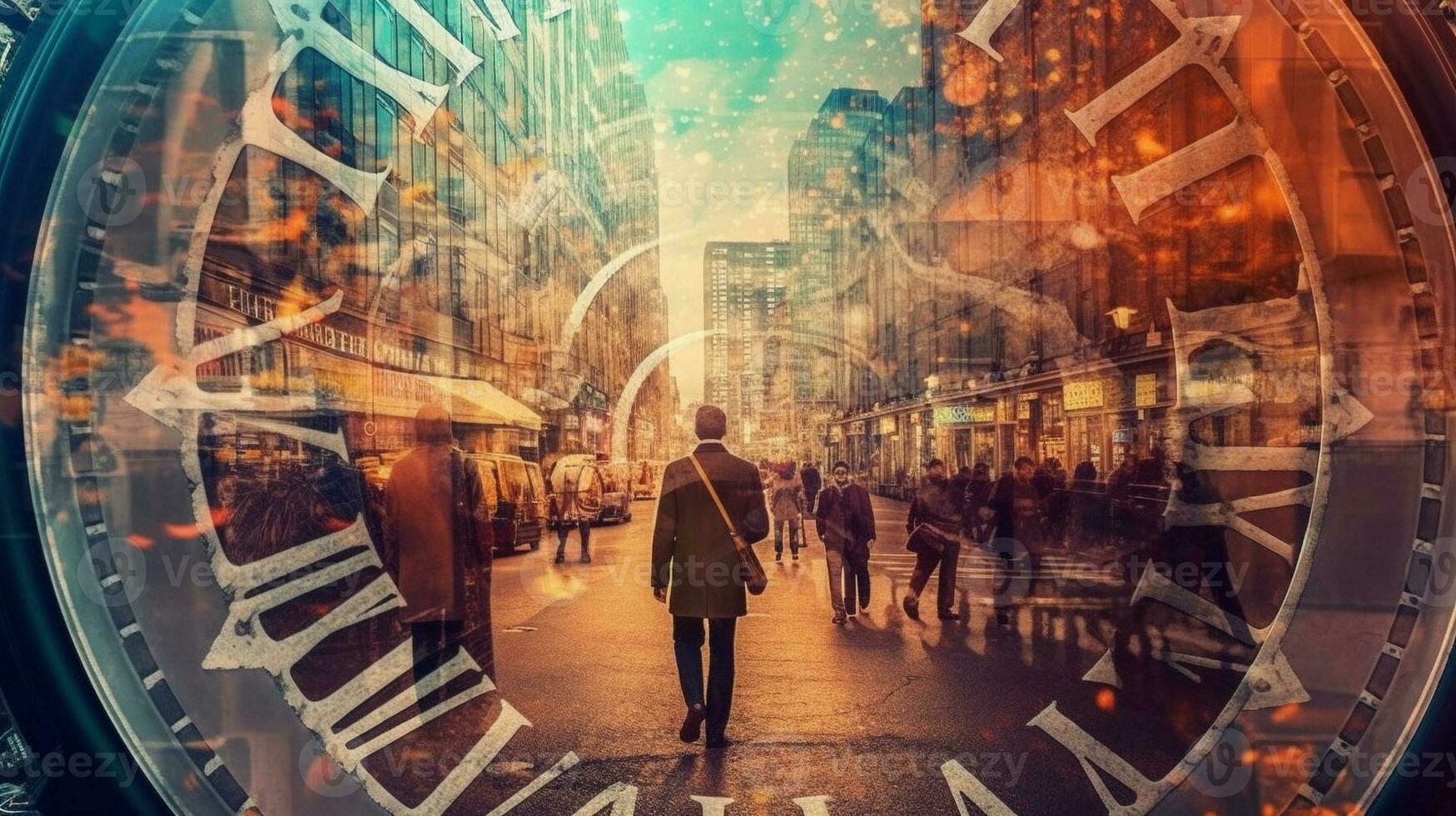 Generative AI, double exposure techniques to capture the concept of time travel. photo