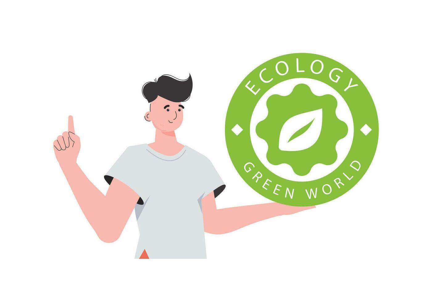 A man holds the ECO logo in his hands. The character is depicted to the waist. The concept of ecology and green energy. Isolated on white background. trendy style. Vector illustration.