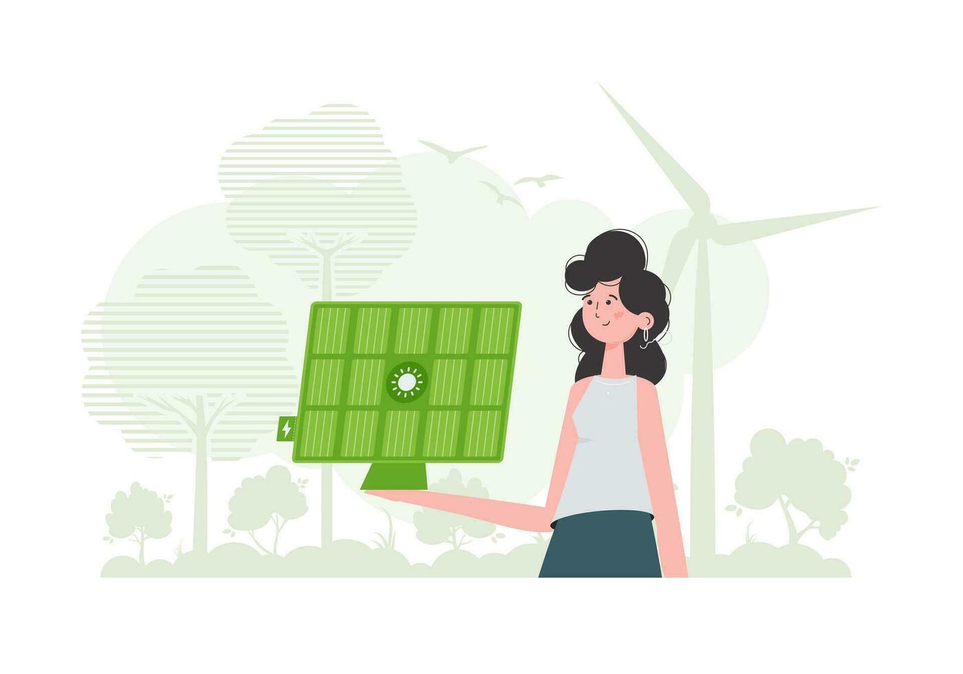 eco energía concepto. un mujer sostiene un solar panel en su mano. de moda estilo. vector ilustración.