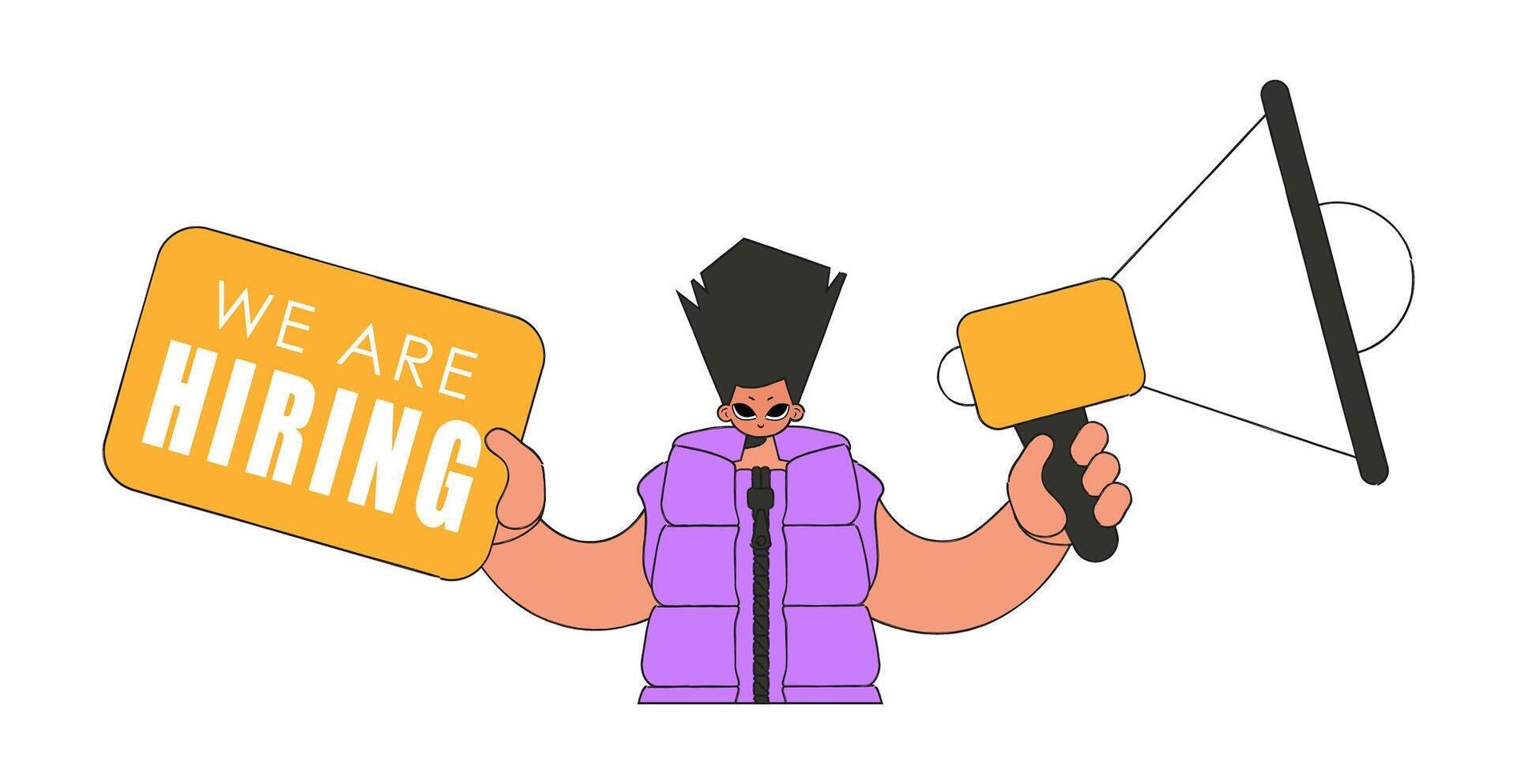 A man with a megaphone, symbolizing the search for people in the labor market. The sphere of human resources. vector