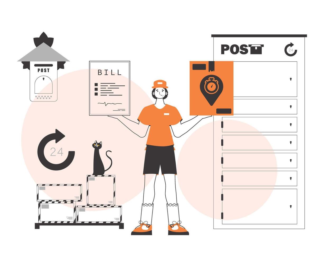 A man holds a parcel and a check in his hands. Delivery concept. Linear trendy style. vector