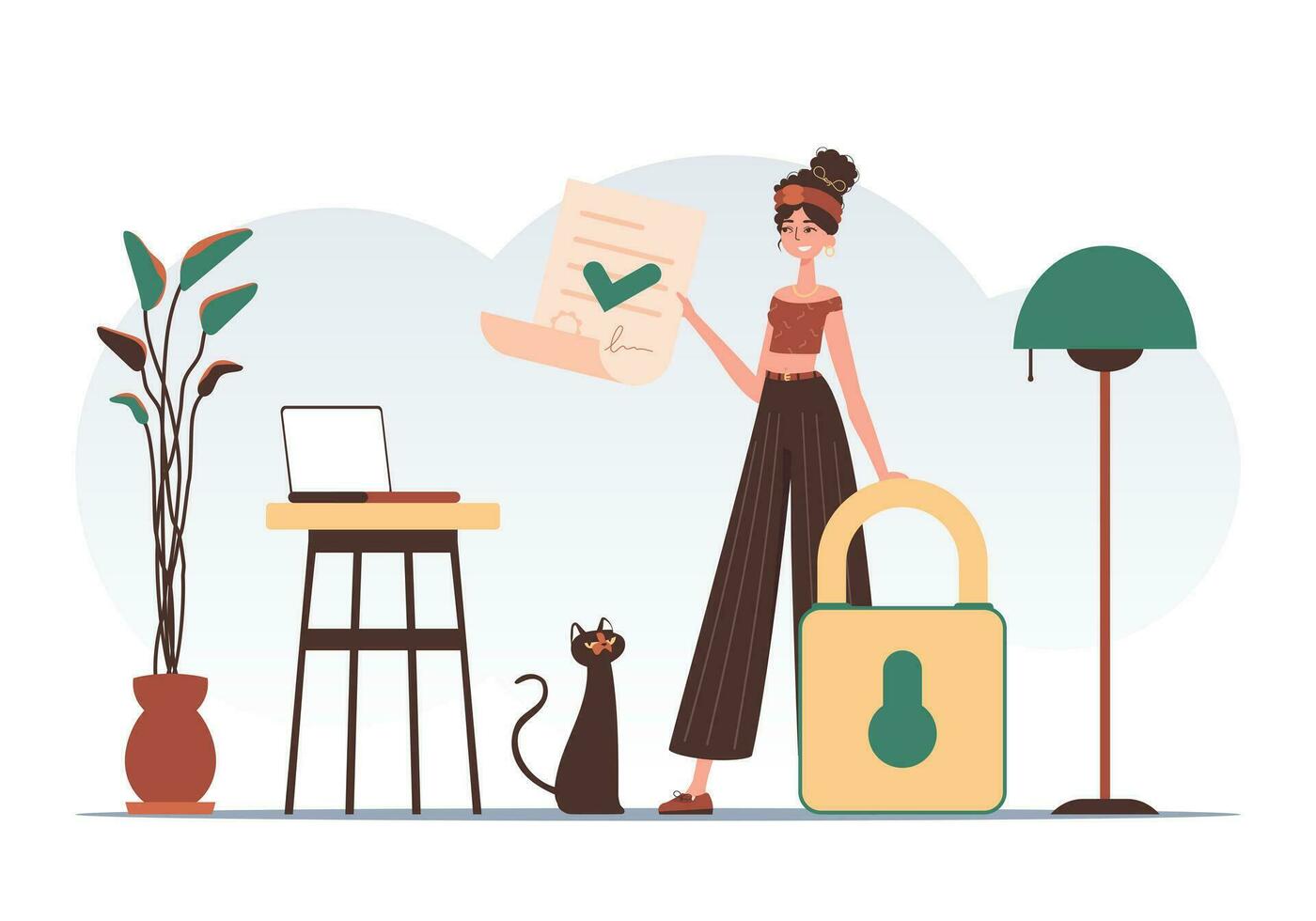 Data protection concept. Smart contract. The girl is holding a document. Modern trendy style. vector