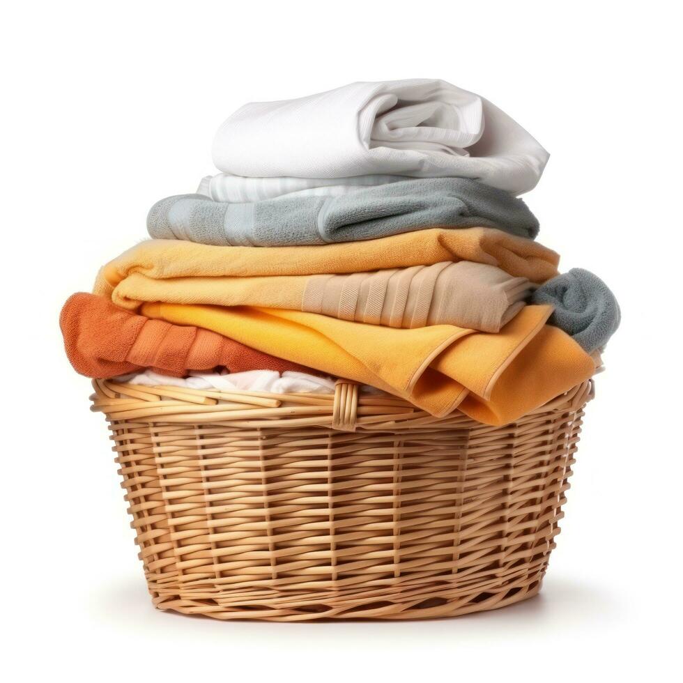 Wicker basket with clean laundry isolated photo