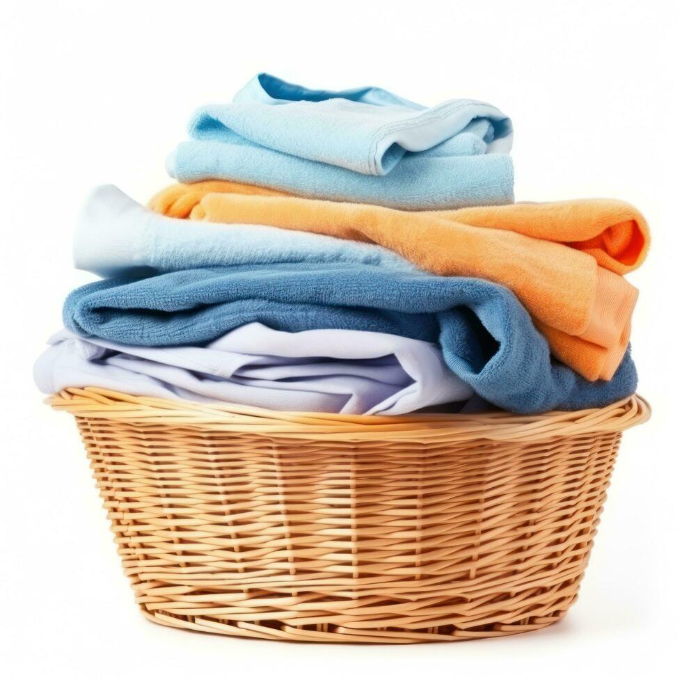 Wicker basket with clean laundry isolated photo