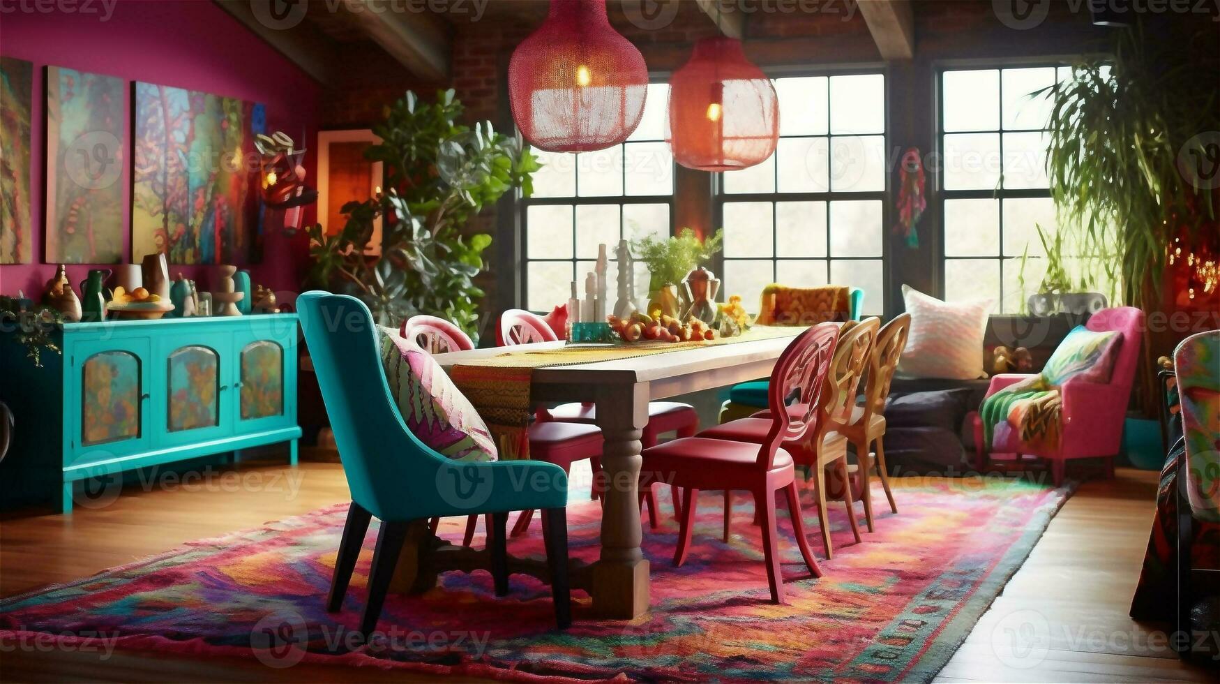 Generative AI, Boho-Chic Dining Room A Colorful and Eclectic Space photo