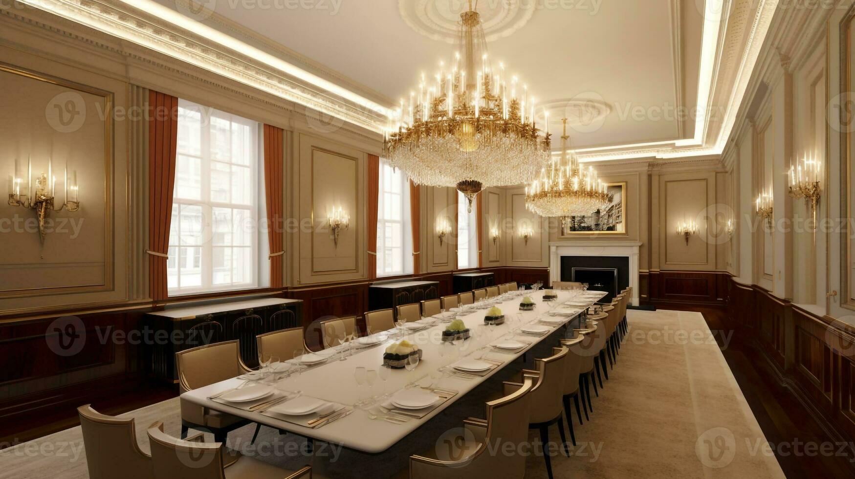 Timeless Elegance Dining Room with Table, Upholstered Chairs, and Chandelier, Generative AI photo