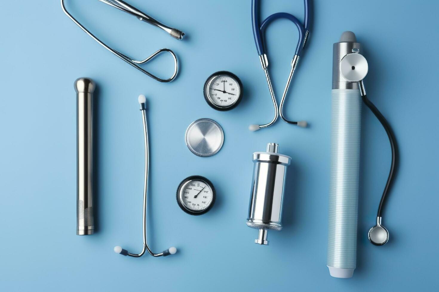 top view on various medical equipment, light blue background, copy space, AI Generative photo