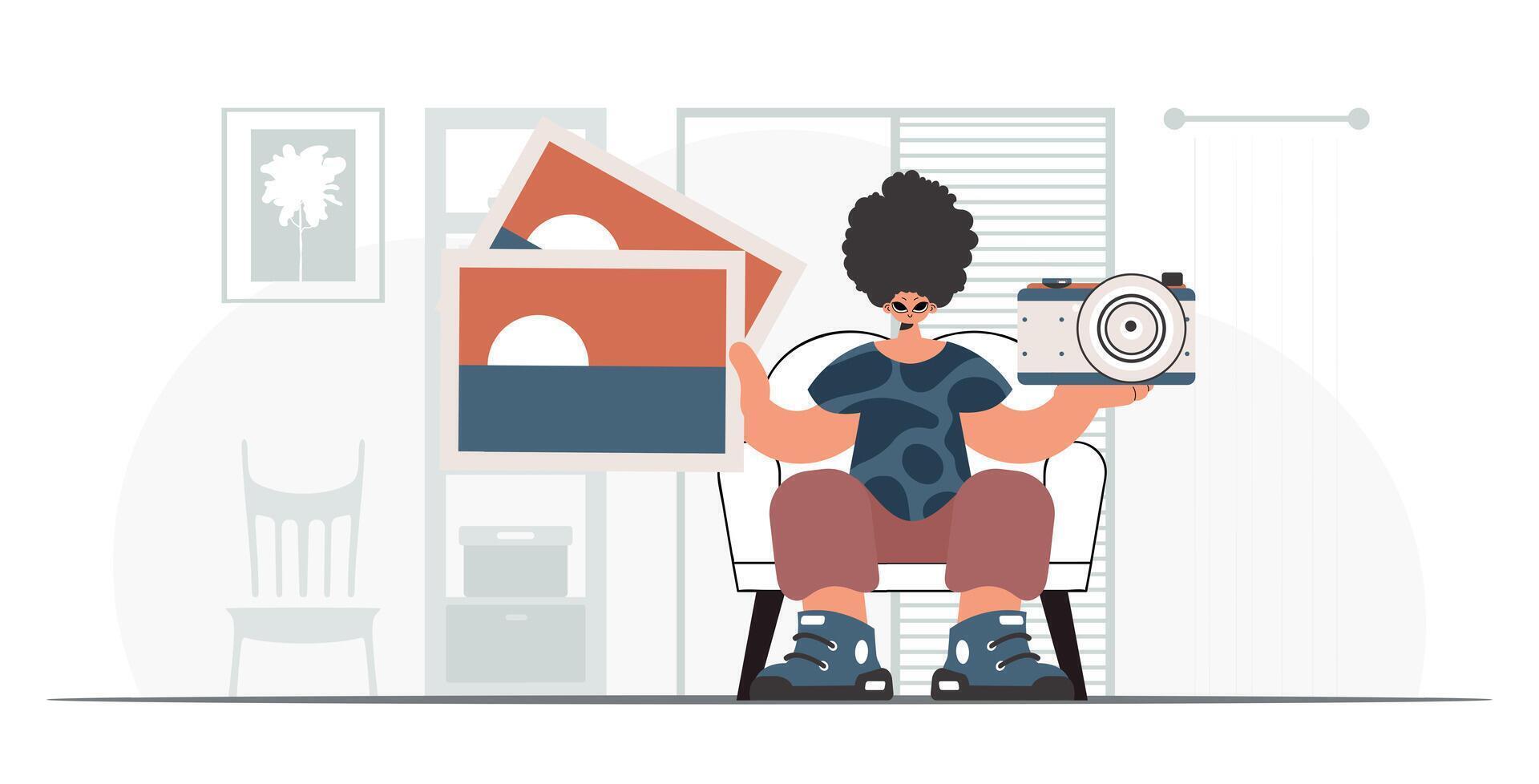 A woman is sitting in a chair holding a camera vector
