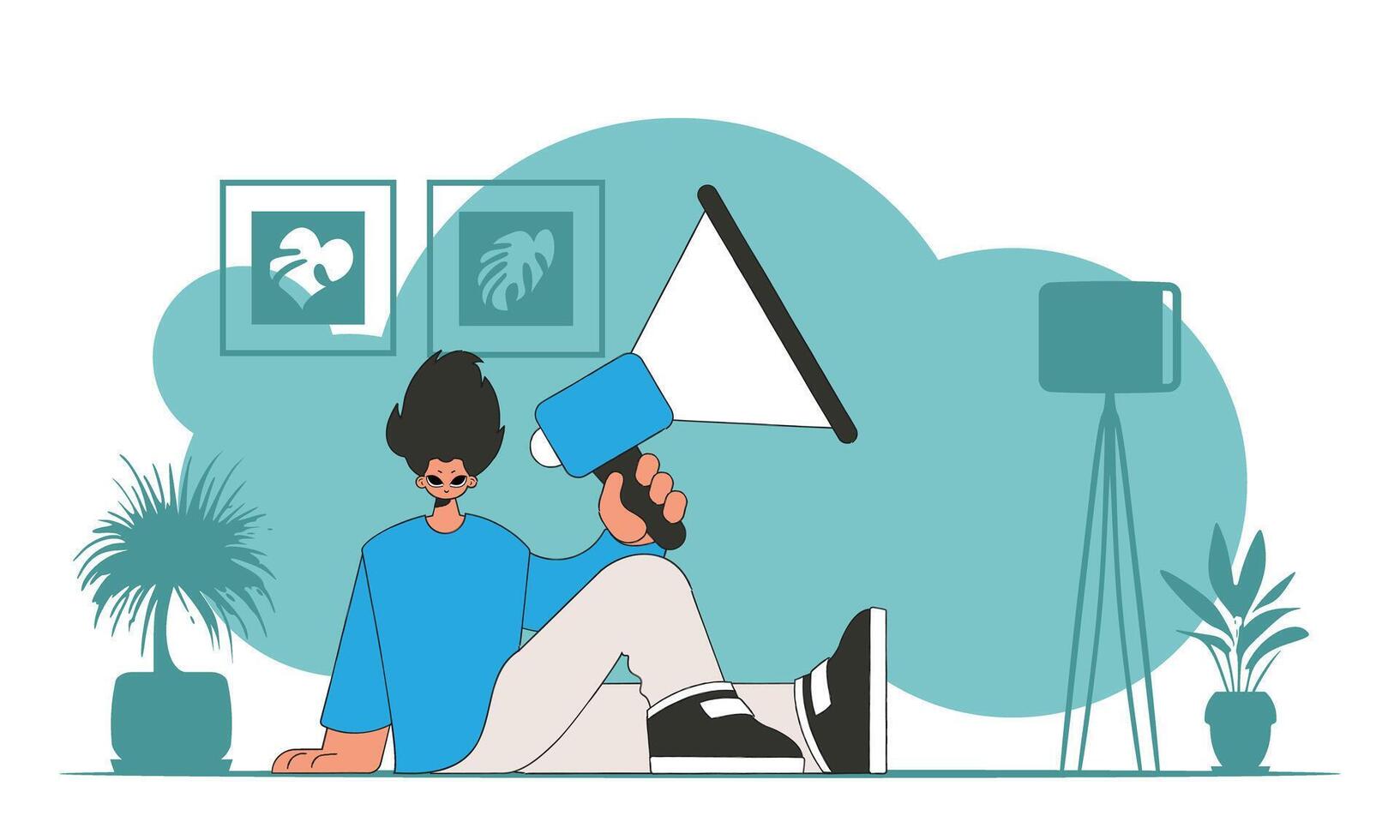 illustration of a human resources specialist. A young guy sits on the floor and holds a megaphone. vector