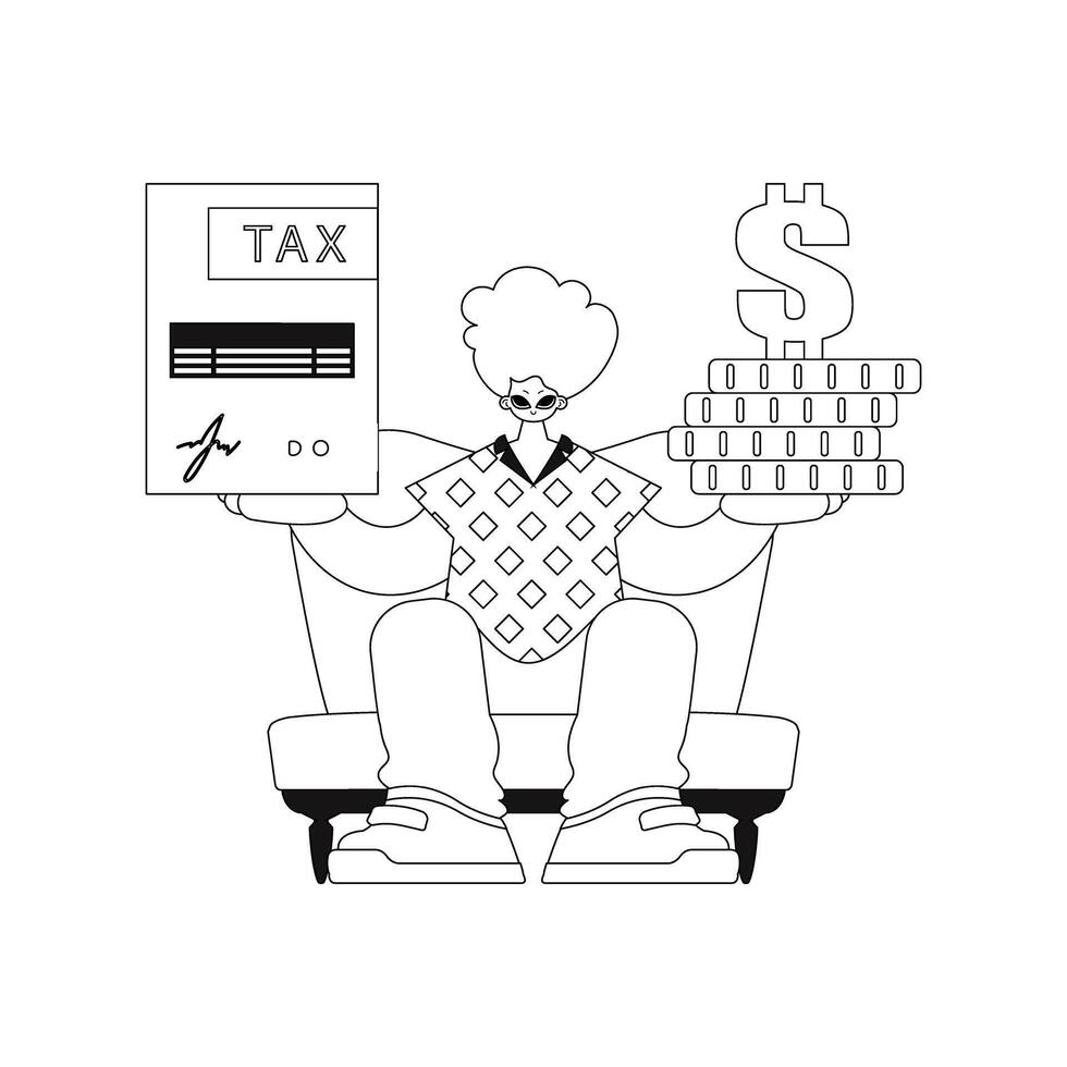 Guy holds tax return and stack of coins, linear style in vector illustration.