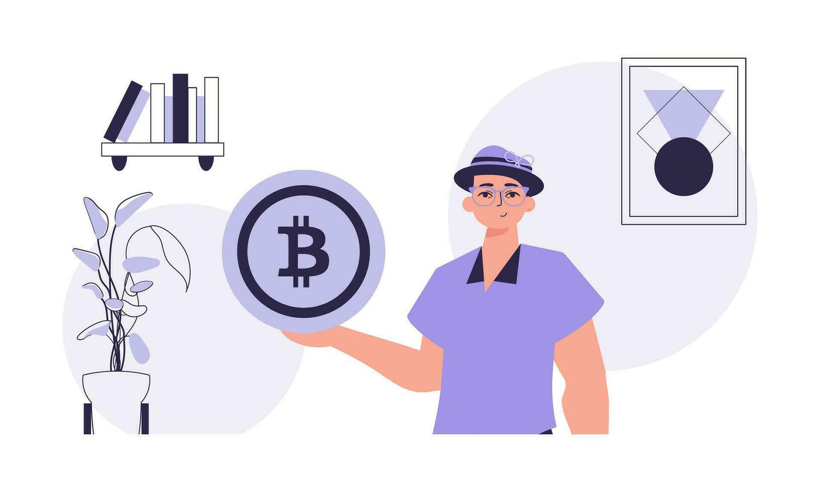 Cryptocurrency concept. A man holds a bitcoin in his hands. Character with a modern style. vector