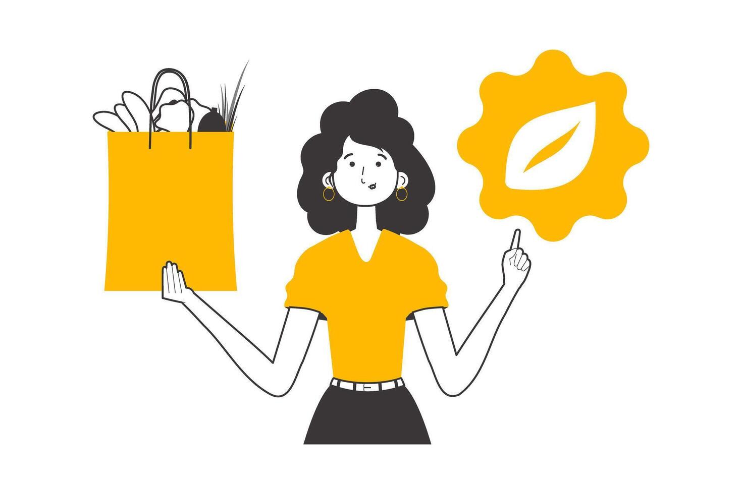 Woman, package with products and eco logo. The concept of reasonable consumption. Lineart style. Isolated on white background. illustration. vector