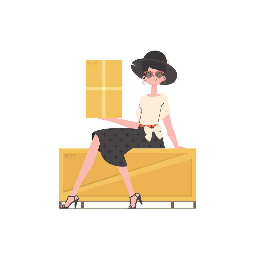 A woman is sitting and holding a parcel. Delivery concept. Isolated on white background. Vector illustration.