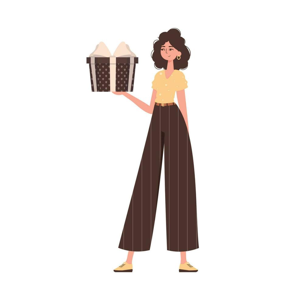 The girl holds a festive gift box in her hands. Modern style. Vector. vector