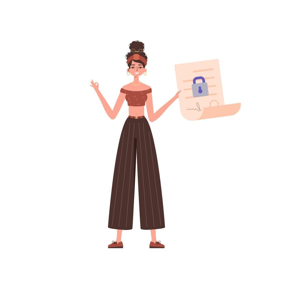 The woman is holding a document. Data protection concept. Smart contract. Modern style character. vector