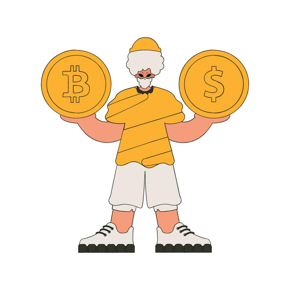 A man holds a dollar and a bitcoin in his hands. Rentro style character. vector