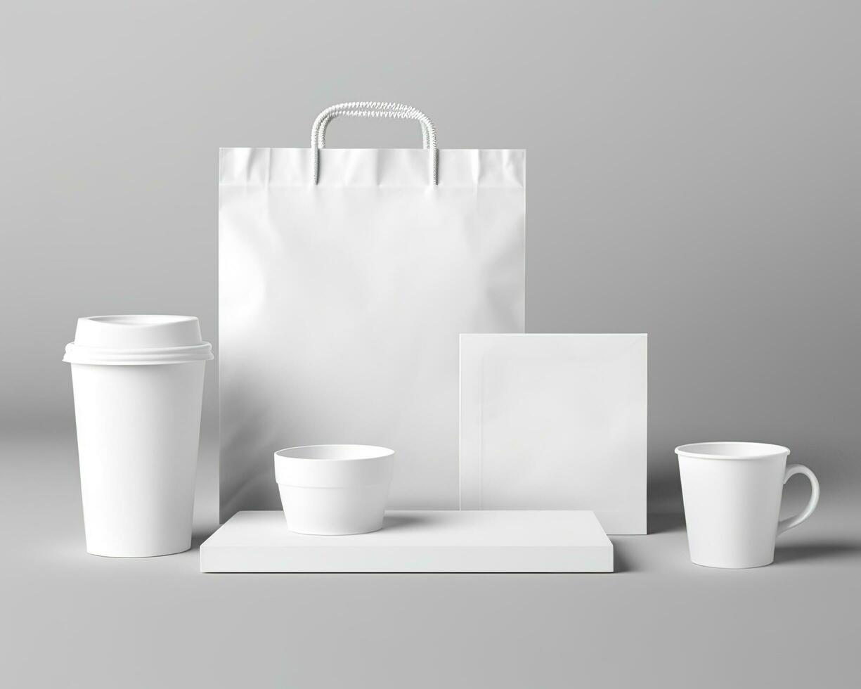 Blank bag, coffee mug, and cup on a light background. Generative AI photo