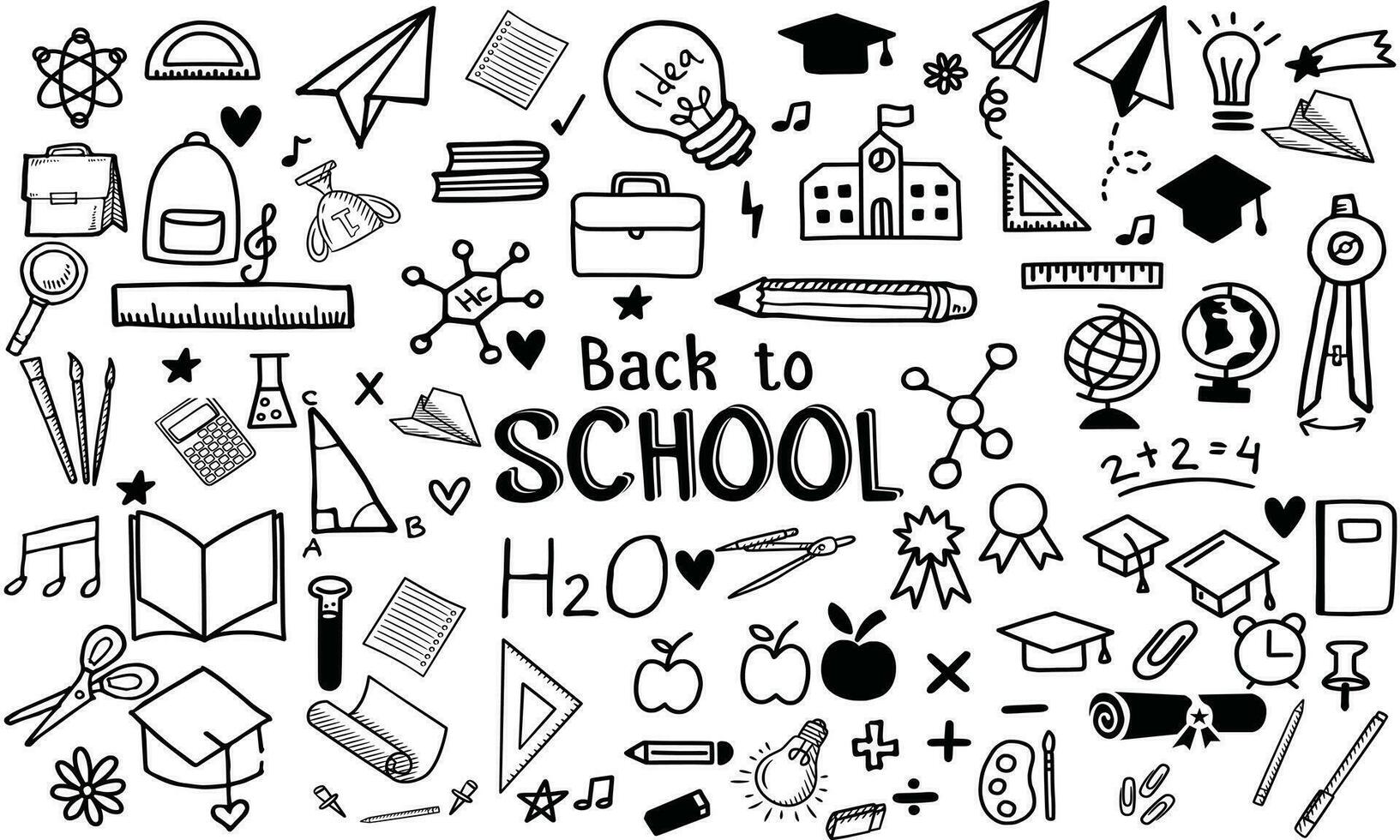 Back To School hand drawn, doodle and vector illustration icons set
