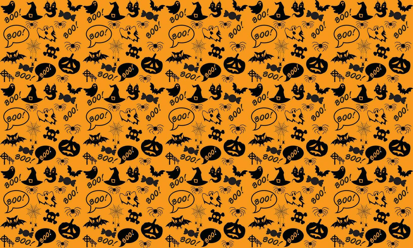 Halloween festive seamless pattern. Endless background with pumpkins, skulls, bats, spiders, ghosts, bones, candies, spider web and speech bubble with boo.Halloween vector seamless pattern