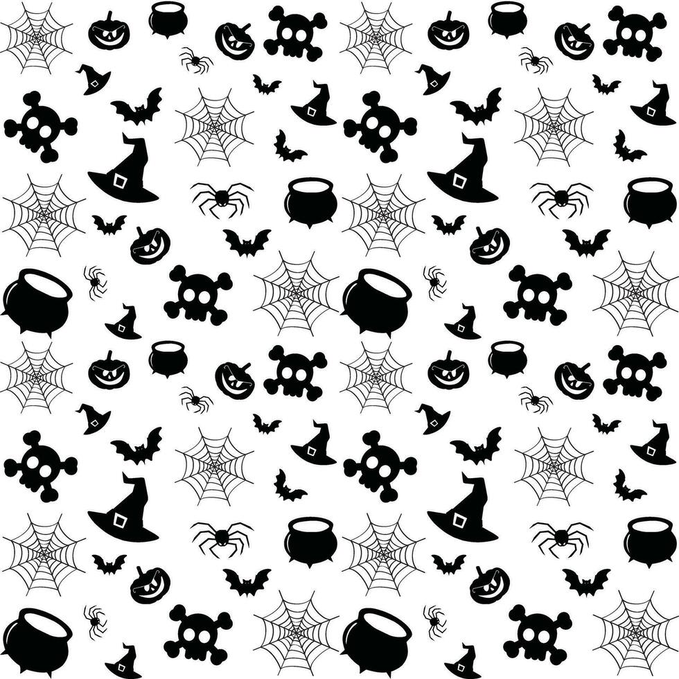 Halloween festive seamless pattern. Endless background with pumpkins, skulls, bats, spiders, ghosts, bones, candies, spider web and speech bubble with boo.Halloween vector seamless pattern