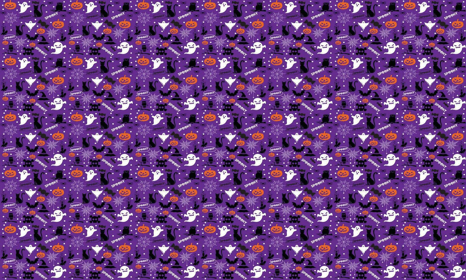 Halloween festive seamless pattern. Endless background with pumpkins, skulls, bats, spiders, ghosts, bones, candies, spider web and speech bubble with boo.Halloween vector seamless pattern