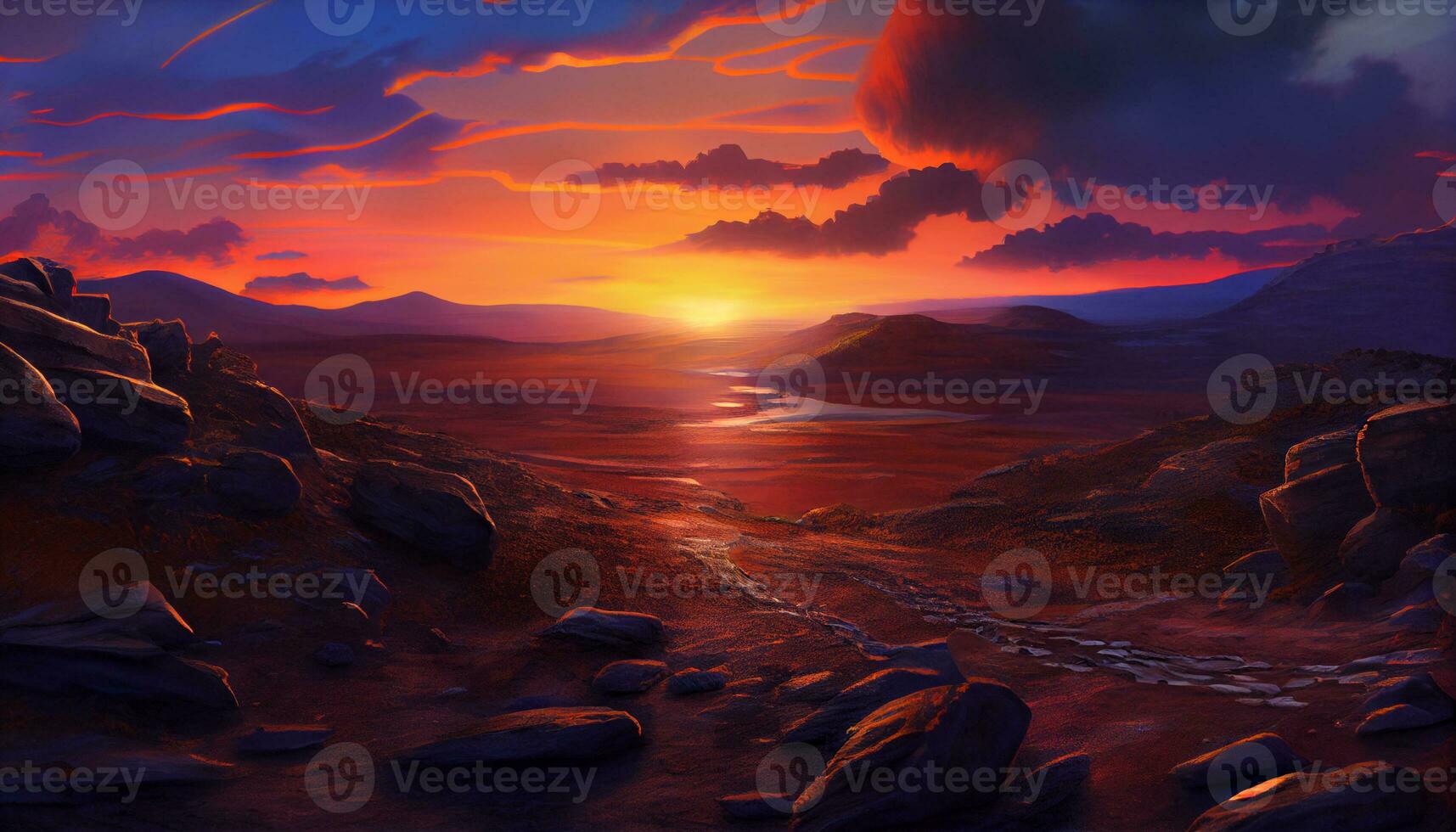 Generative AI, Layers of Light A Vibrant Mountain Range at Sunset photo