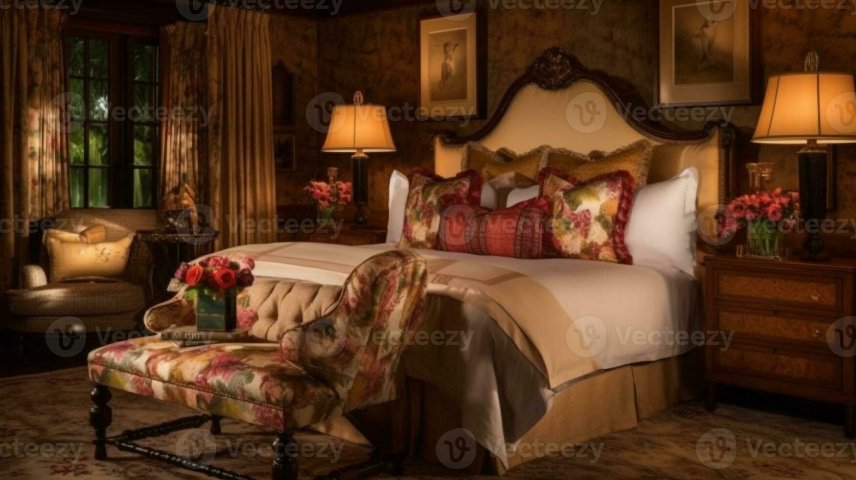 Romantic Retreat Cozy Bedroom with King-Sized Tufted Bed and Soft Lighting, Generative AI photo