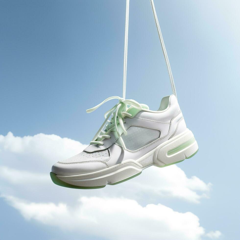 A white, blue, and green casual shoe is suspended in the air, in the style of hazy, dreamlike quality, AI Generative photo