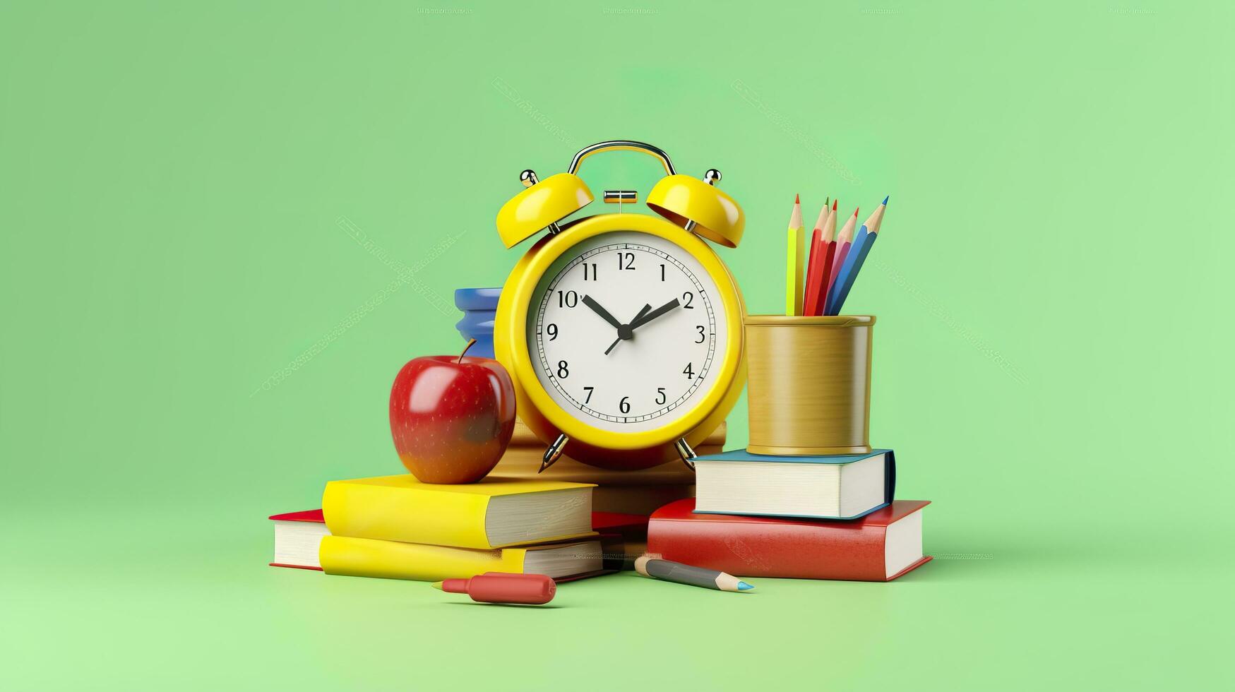 Pop art illustration of School accessories with apples, books, and an alarm clock on the School background. Back to school concept. 3D Rendering, AI Generative photo