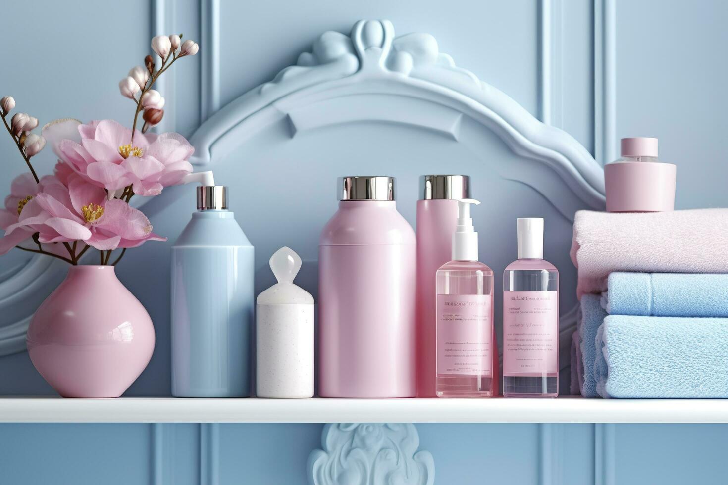 A pastel bathroom shelf with pink skincare products, copy space, banner, pink and pastel blue bright palette, barbiecore. AI Generative photo