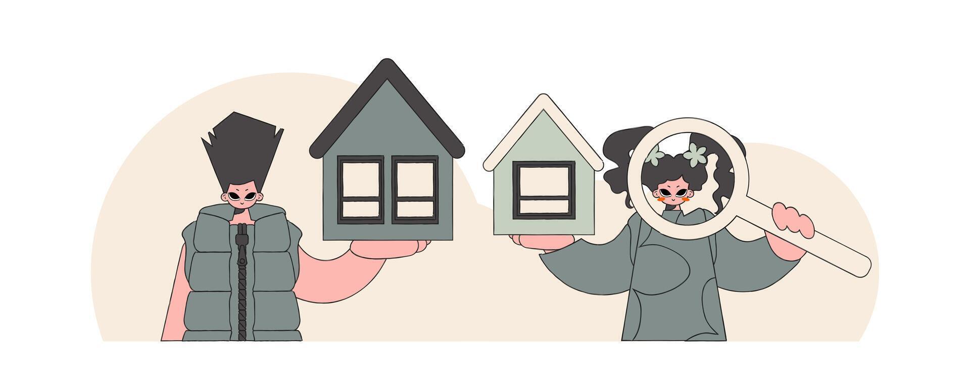 Concept Investment in real estate. The team of an attractive realtor is selling a house. vector