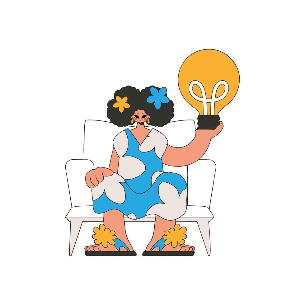 Presentable girl holds a light bulb in her hands. Idea theme. vector