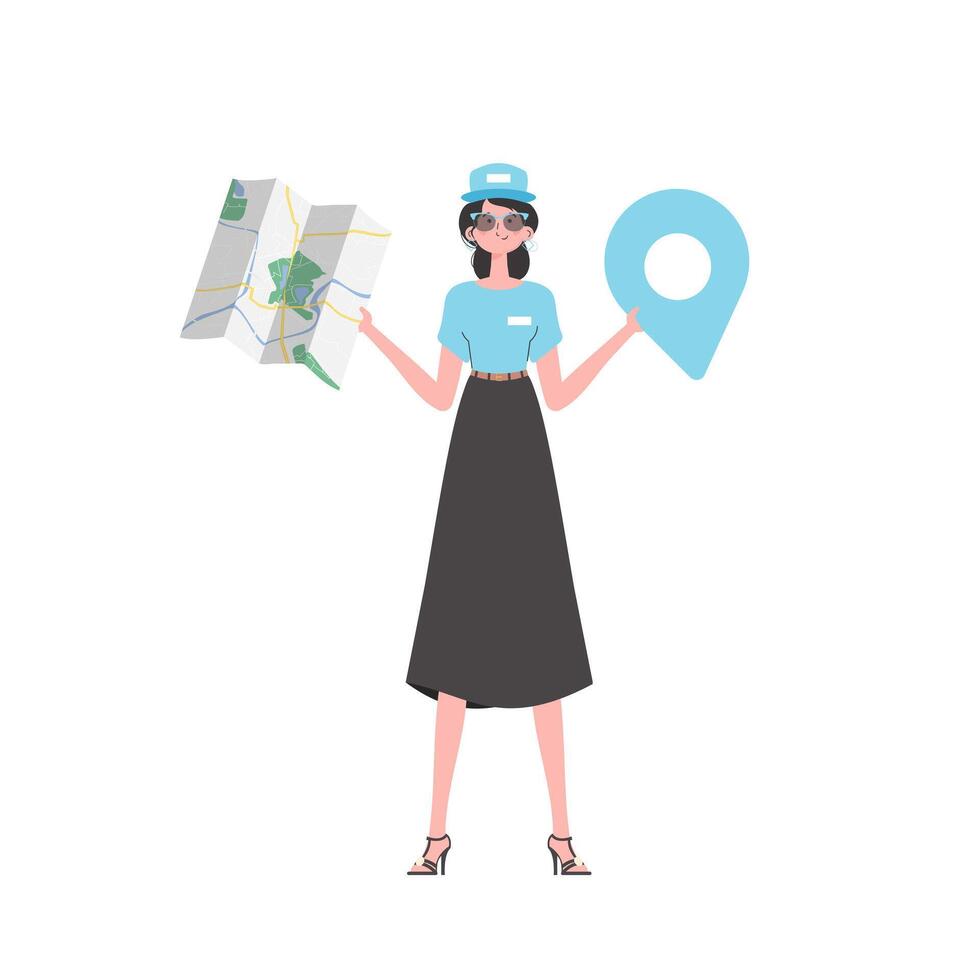 Girl water delivery operator holding a map. Cartoon style character depicted in full growth. Isolated on white background. Vector illustration.