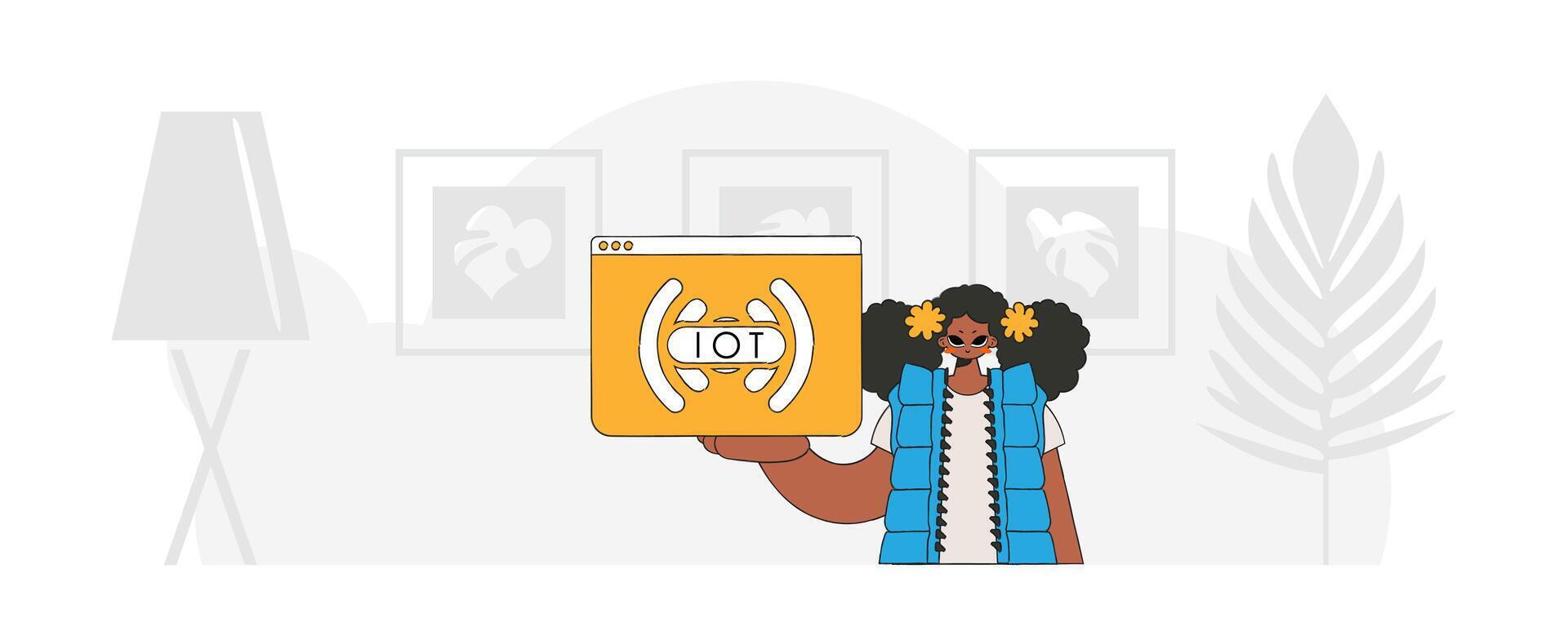 Woman on the ground embracing an icon of the Internet of Things, with modern, cartoonish art style. vector