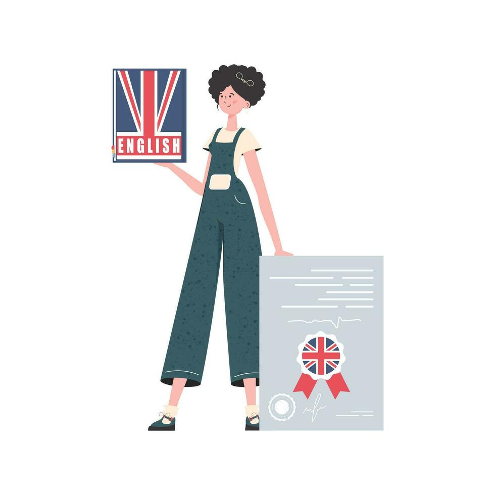 A woman holds an English dictionary and a certificate in her hands. The concept of learning English. Isolated. Trendy cartoon style. Vector illustration.