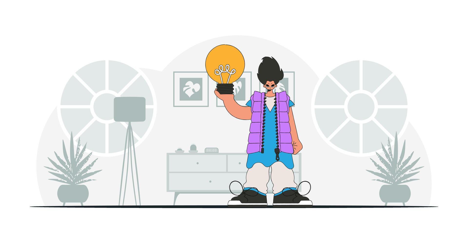 Gorgeous guy holds a light bulb in his hands. Idea concept. trendy character. vector