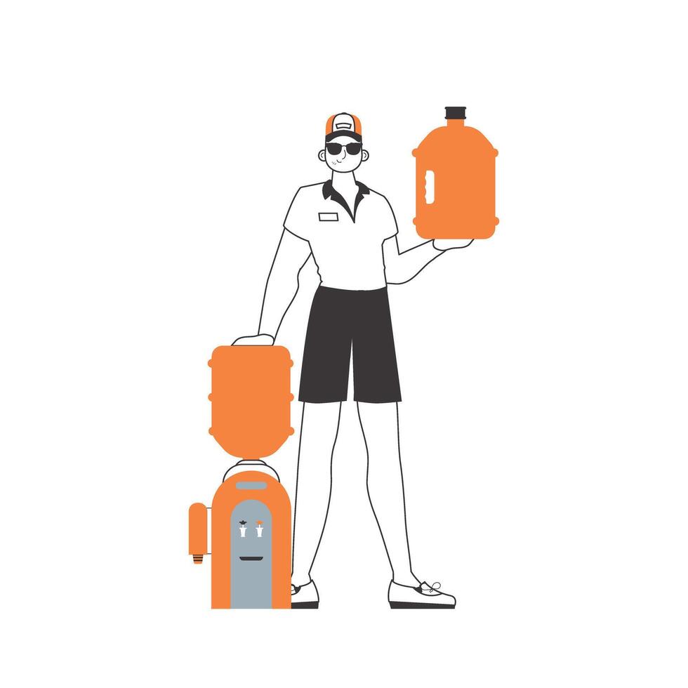 Water delivery concept. A man holds a bottle of water in his hands. Linear trendy style. vector