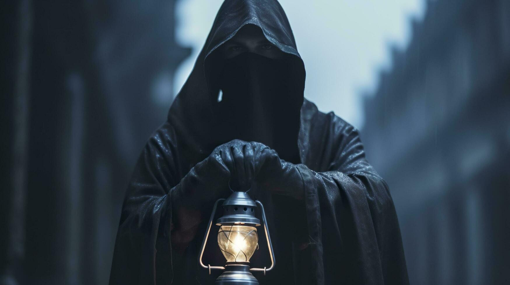 A hooded figure with a lantern searching for something. Generative AI photo