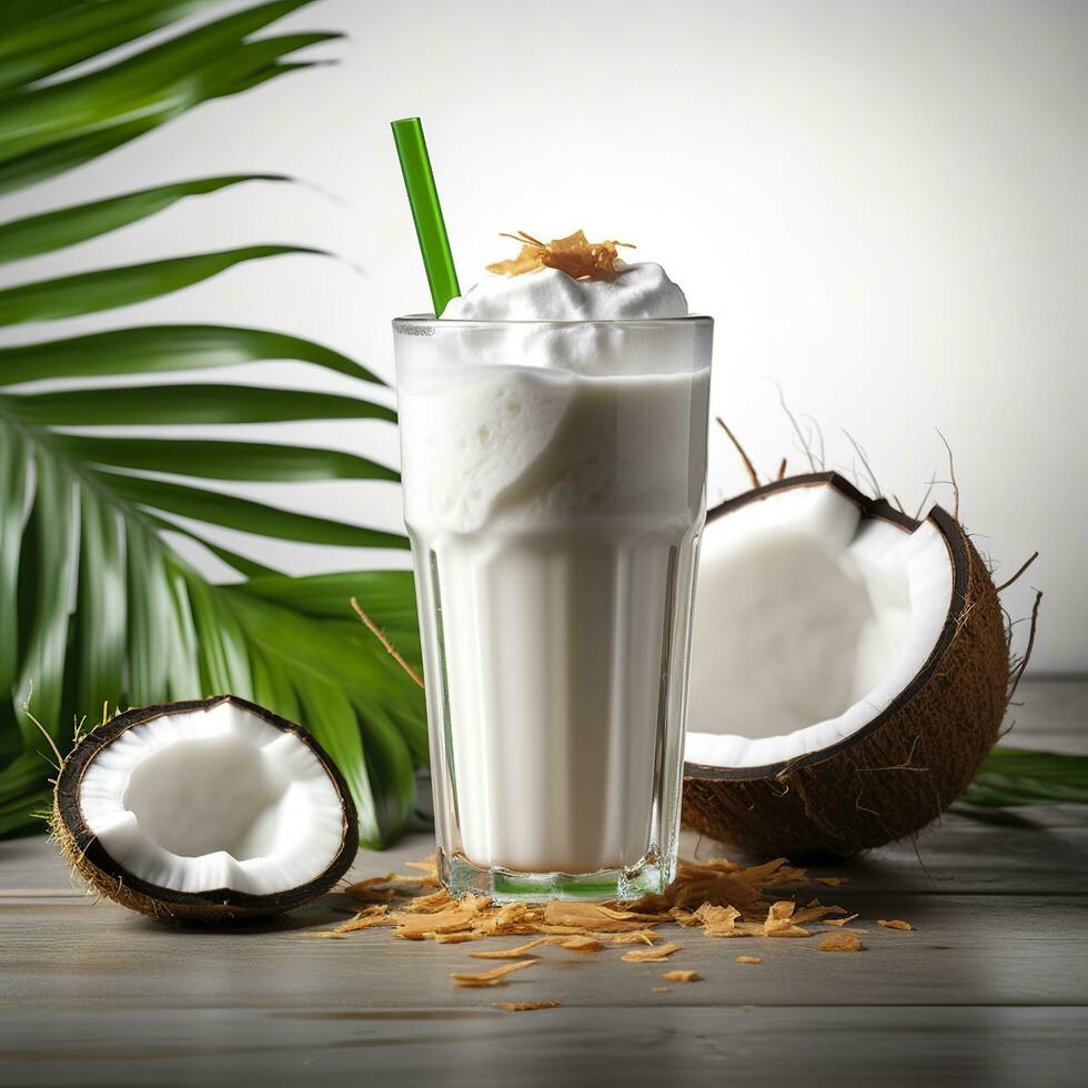 Coconut milk shake glass with fresh sliced coconut. Generative AI photo