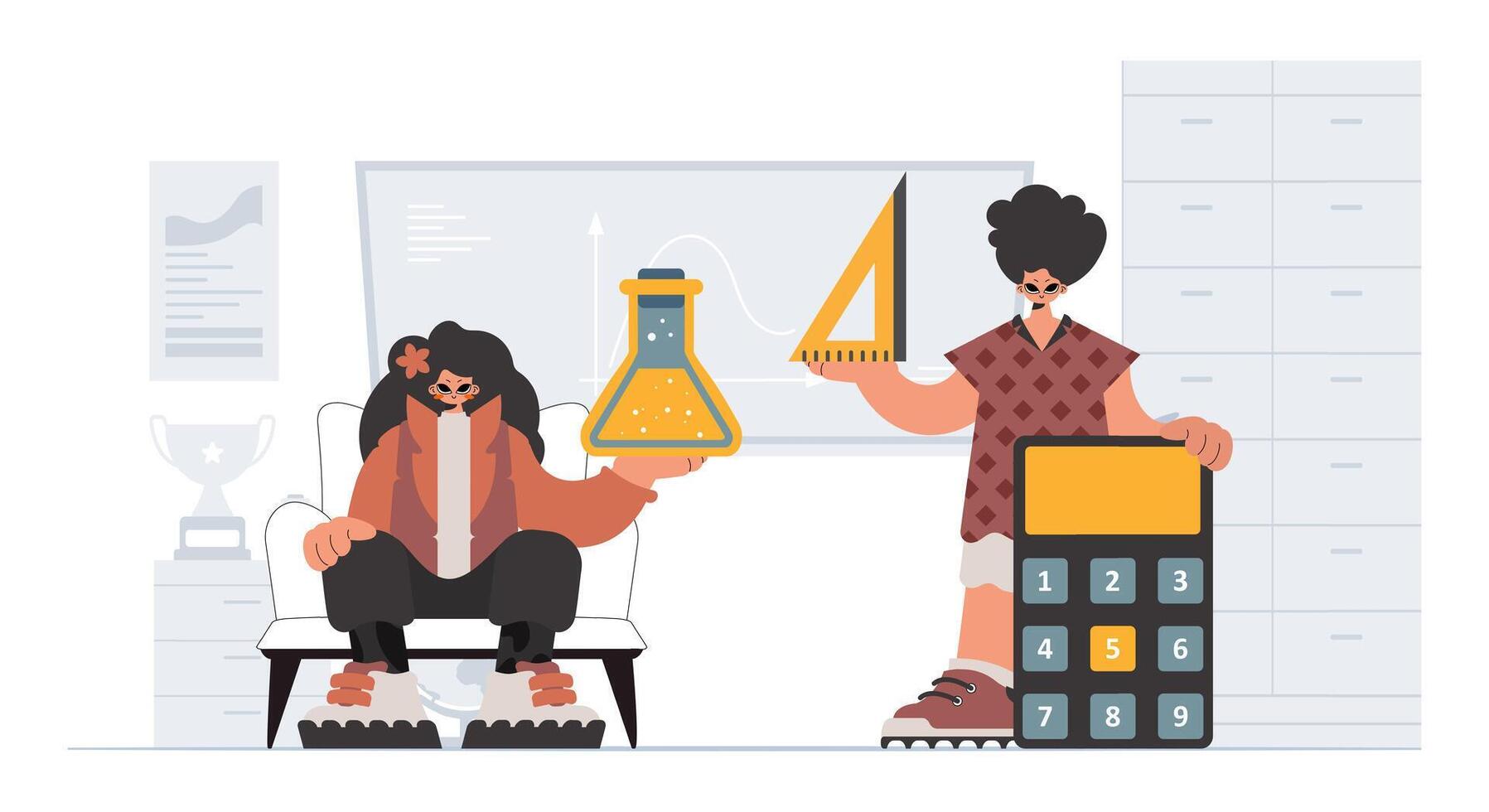 Individual and energetic woman school understudies, analyzing to begin with school subjects. Trendy style, Illustration vector